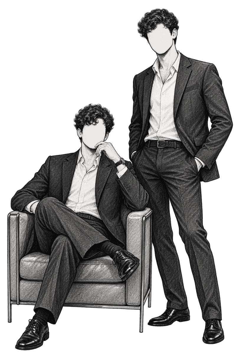 Ilustración a lápiz de dos ejecutivos de traje: uno sentado en un sillón, otro de pie junto a él.